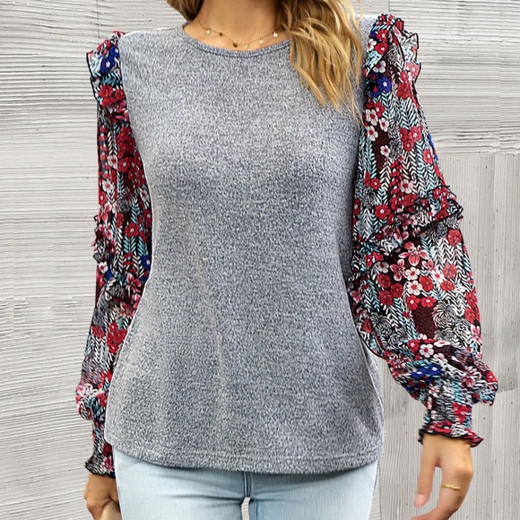 Boho Floral Print Ruffle Long sleeve Top - Picture 7 of 8